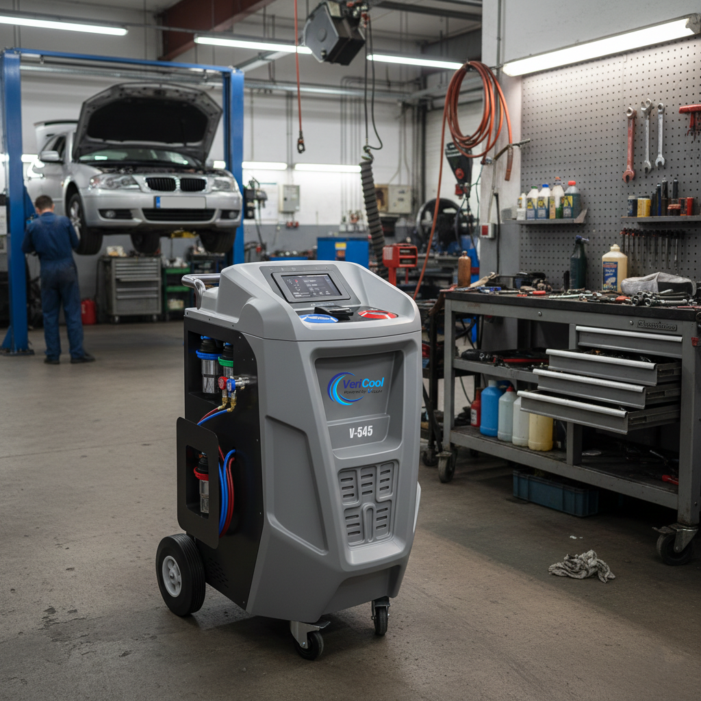 VeriCool V-545 R134a AC service machine positioned in a professional automotive workshop