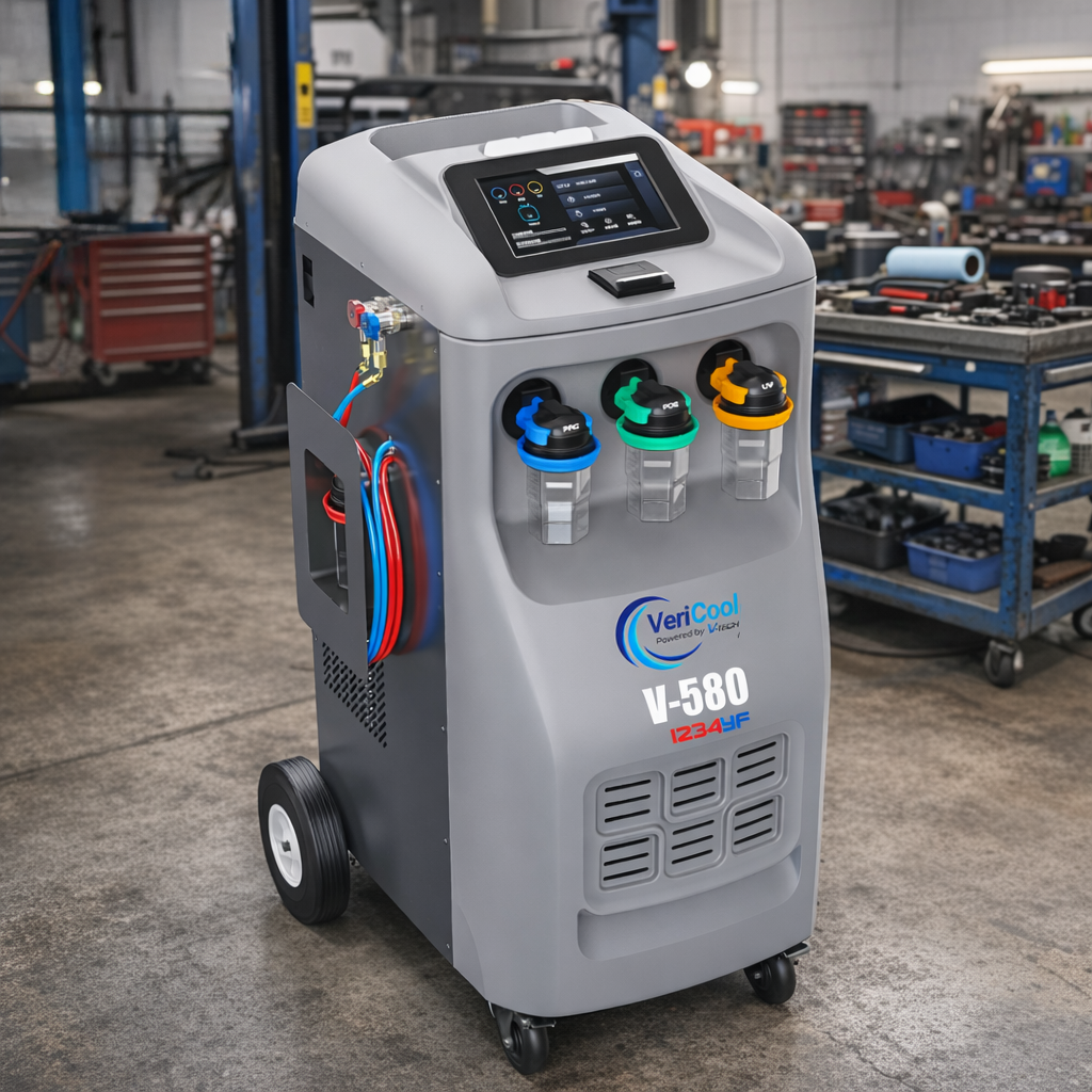VeriCool V-580 R1234yf AC service machine shown inside a professional automotive workshop