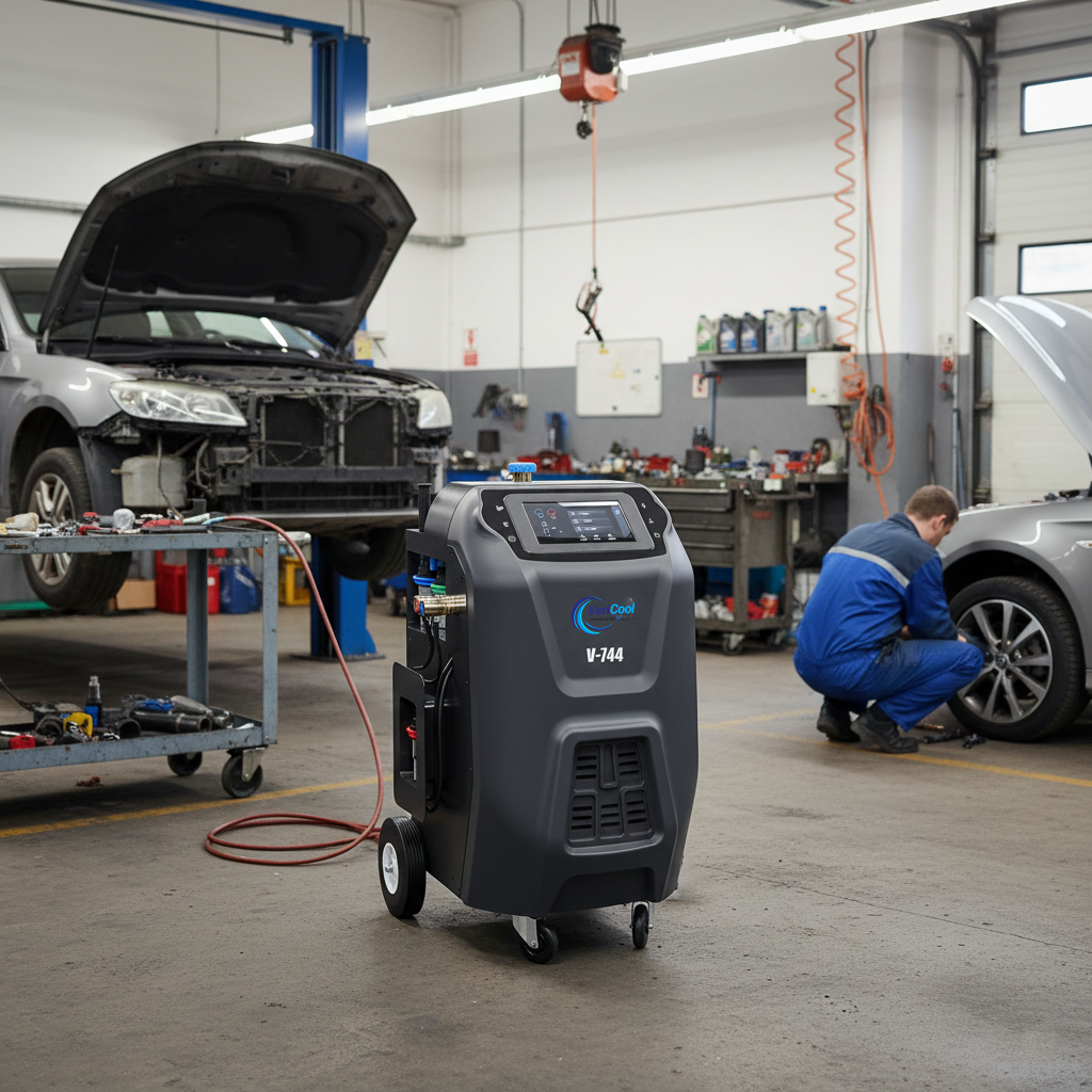 VeriCool V-744 R744 AC service machine in use inside a professional vehicle workshop
